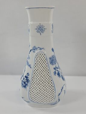 Vintage Japanese Style White And Blue Floral Reticulated Vase Applied Lattice
